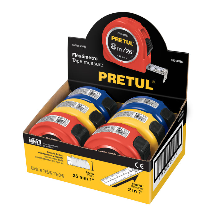 Flexómetro 8 m cinta 25 mm, display box con 6 pzas, Pretul 21625 PRO-8MEC
