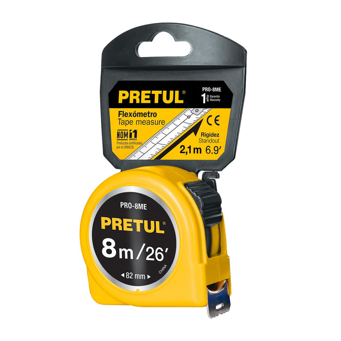 Flexómetro amarillo 8 m cinta 25 mm, en tarjeta, Pretul 21603 PRO-8ME