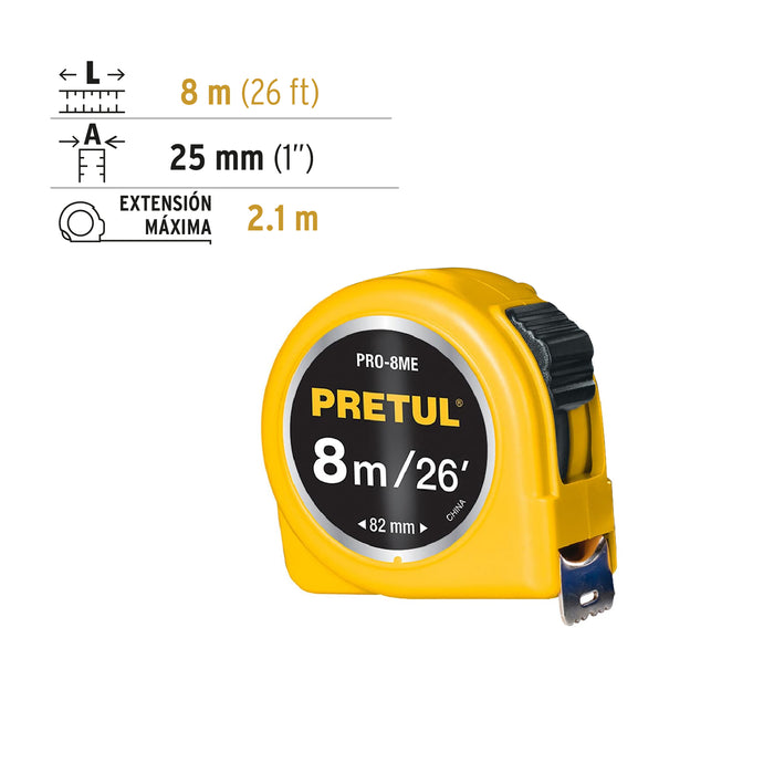 Flexómetro amarillo 8 m cinta 25 mm, en tarjeta, Pretul 21603 PRO-8ME