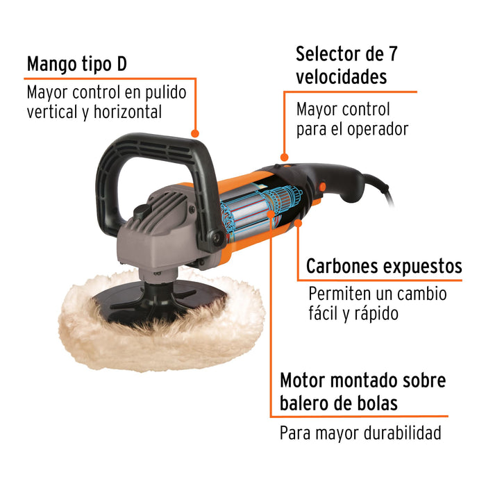 Pulidora velocidad variable 7', 1200 W, profesional, Truper 16626 PULA-7A3
