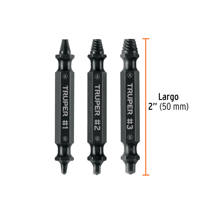 Blíster con 3 puntas extractoras de tornillos, Truper 103311 PUNE-3