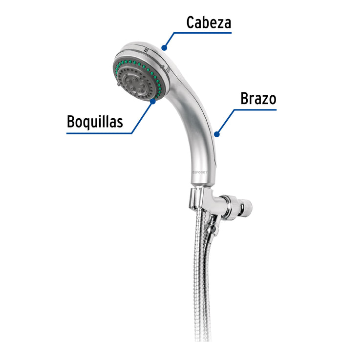 Regadera de teléfono 3', 5 funciones con soporte, Foset Aqua 49432