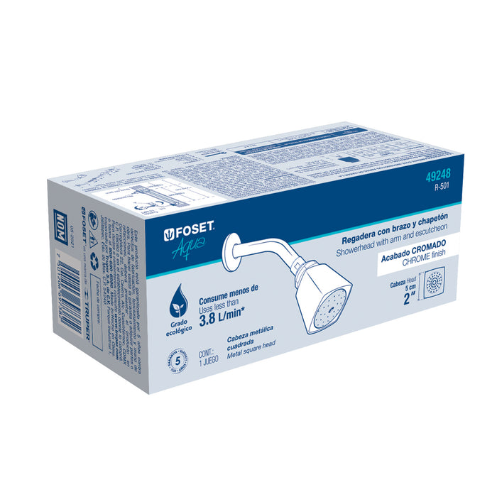 Regadera cuadrada 2' brazo y chapetón de acero, Foset Aqua 49248