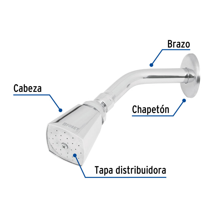 Regadera cuadrada 2' brazo y chapetón de acero, Foset Aqua 49248