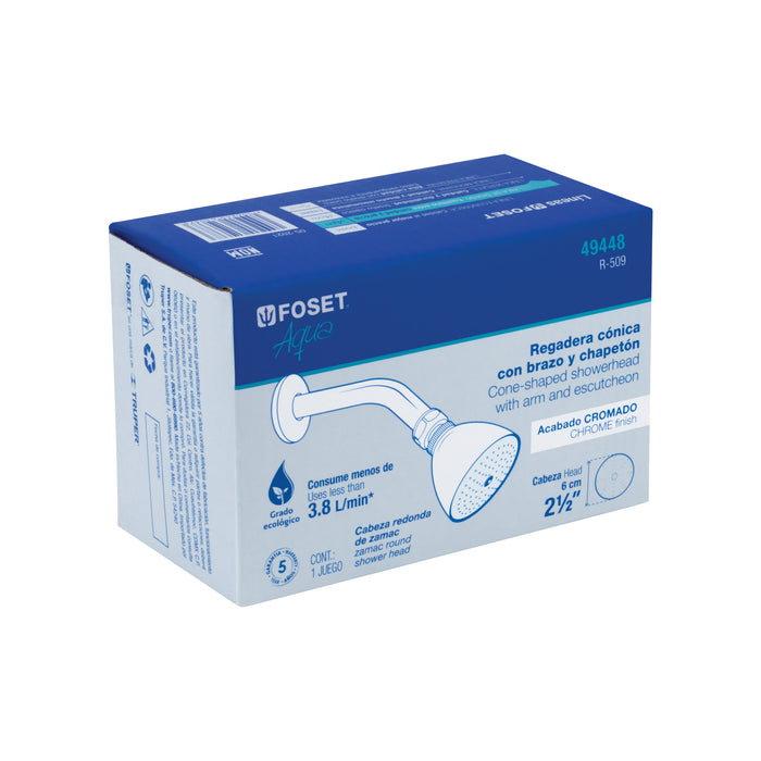 Regadera cónica 2-1/2' brazo y chapetón de acero, Foset Aqua 49448