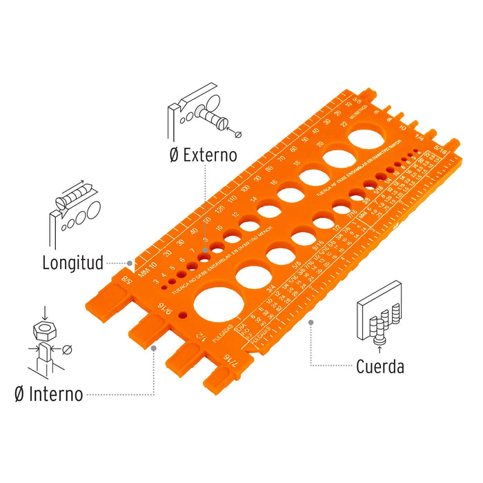 Regleta medidora de tuercas y tornillos, 22 cm, Truper 10811 REGLA-22