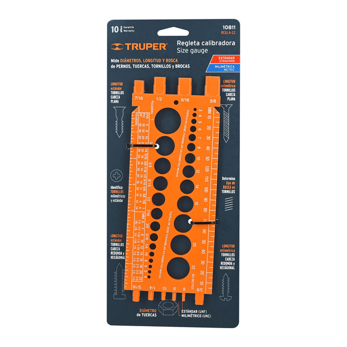 Regleta medidora de tuercas y tornillos, 22 cm, Truper 10811 REGLA-22
