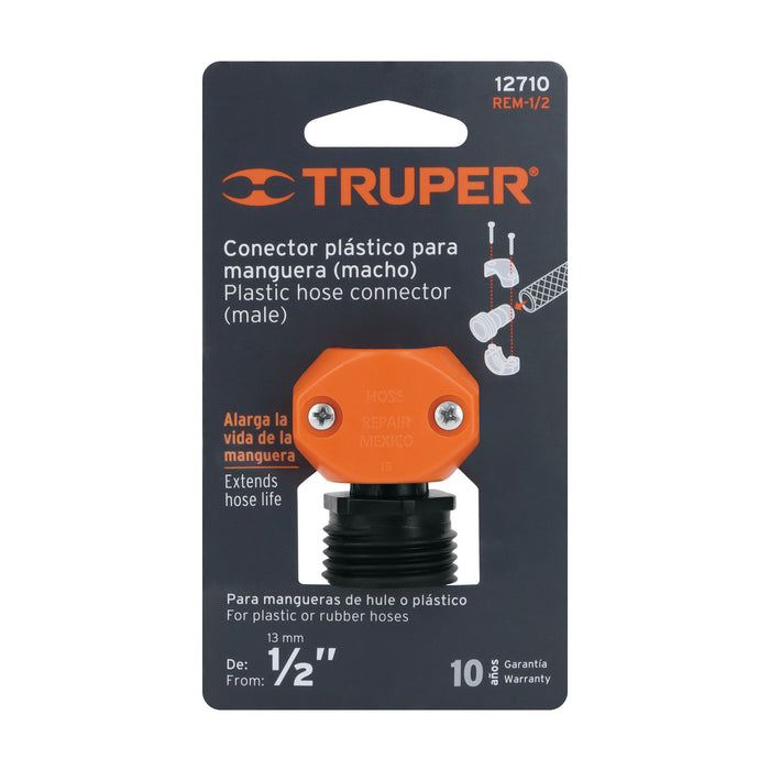 Conector 1/2' macho de ABS para manguera, Truper Código: 12710