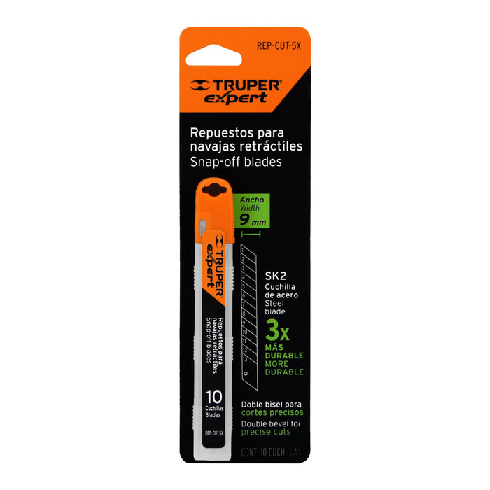 Estuche con 10 cuchillas SK4 de 9 mm para cutter, Truper 16962 REP-CUT-5