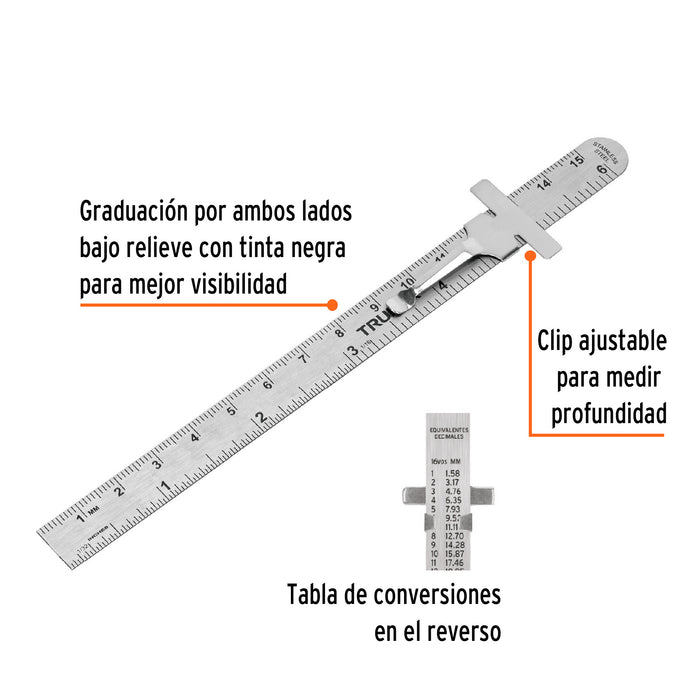 Regla 15 cm de acero inoxidable de bolsillo, Truper 101810 RGL-15B