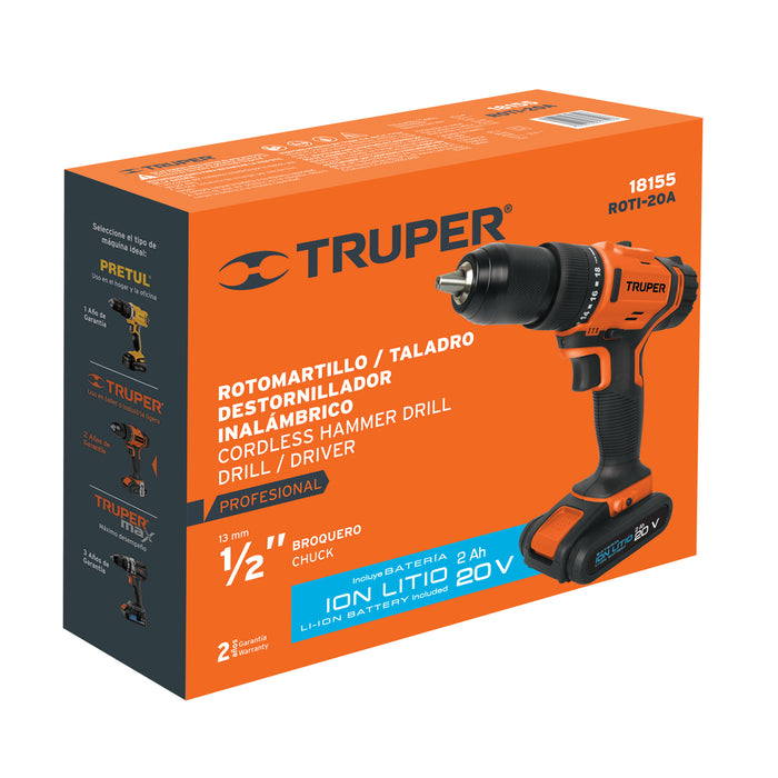 Rotomartillo inalámbrico 1/2', 20 V, Truper 18155 ROTI-20A