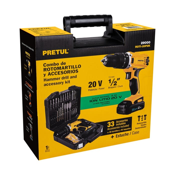 Kit rotomartillo inalámbrico 1/2' 20V y 32 accesorios Pretul 29000 ROTI-20P2K