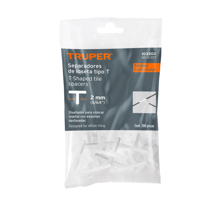 Bolsa con 200 separadores 'T' de 2 mm de losetas, Truper 103202 SELO-20T