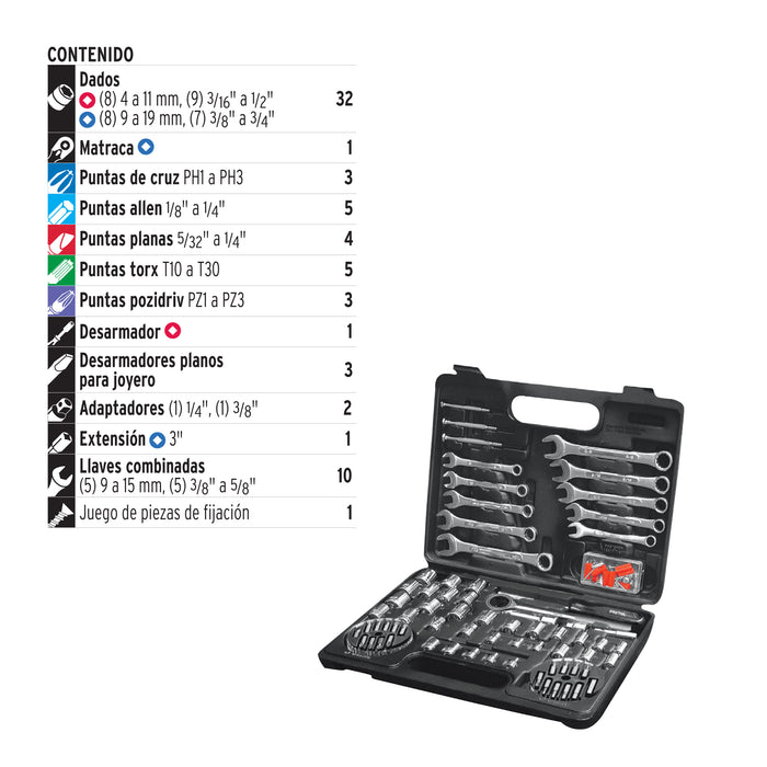 Juego de 71 herramientas 1/4' y 3/8' para mecánico, Pretul 22980 SET-100