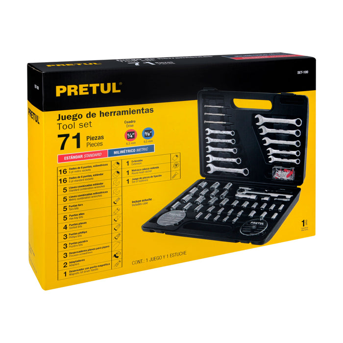 Juego de 71 herramientas 1/4' y 3/8' para mecánico, Pretul 22980 SET-100