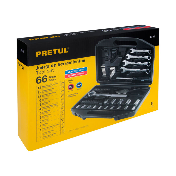 Juego de 66 herramientas 1/4' y 3/8' para mecánico, Pretul 22985 SET-70