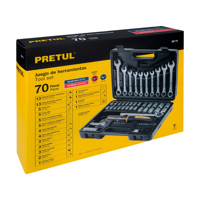 Juego de 70 herramientas 1/4' y 3/8' para mecánico, Pretul 22981 SET-73