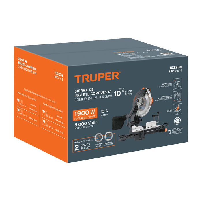 Sierra de inglete 10', 1800 W compuesta, Truper 103236 SINCO-10-3