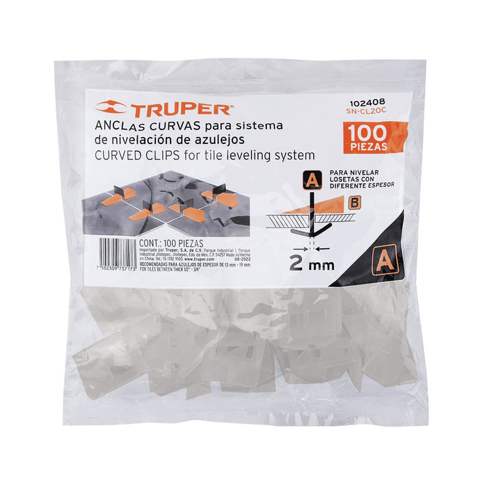 Bolsa c/100 anclas curvas de 2mm para nivelación de azulejos Código: 102408
