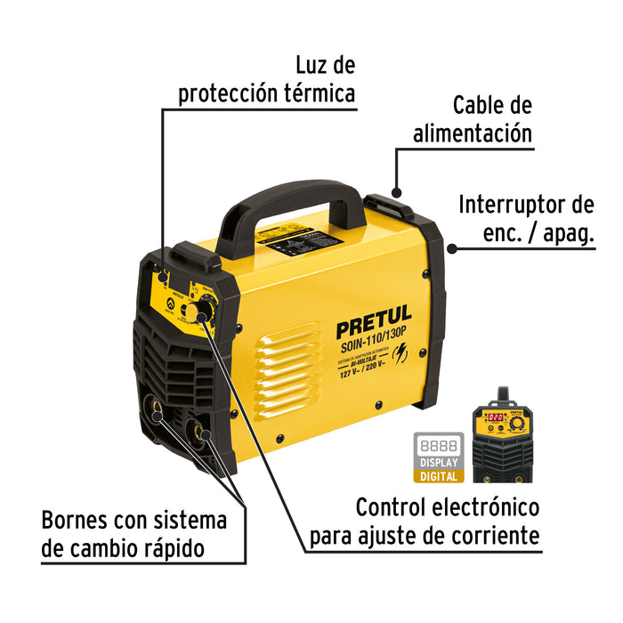 Soldadora inversora, 130A, Bi-voltaje 127/220V, Pretul Código: 29959
