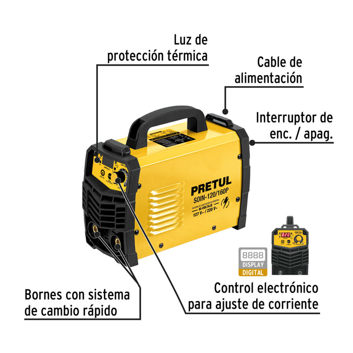 Soldadora inversora, 160 A, Bi-voltaje 127/220 V, Pretul Código: 29960