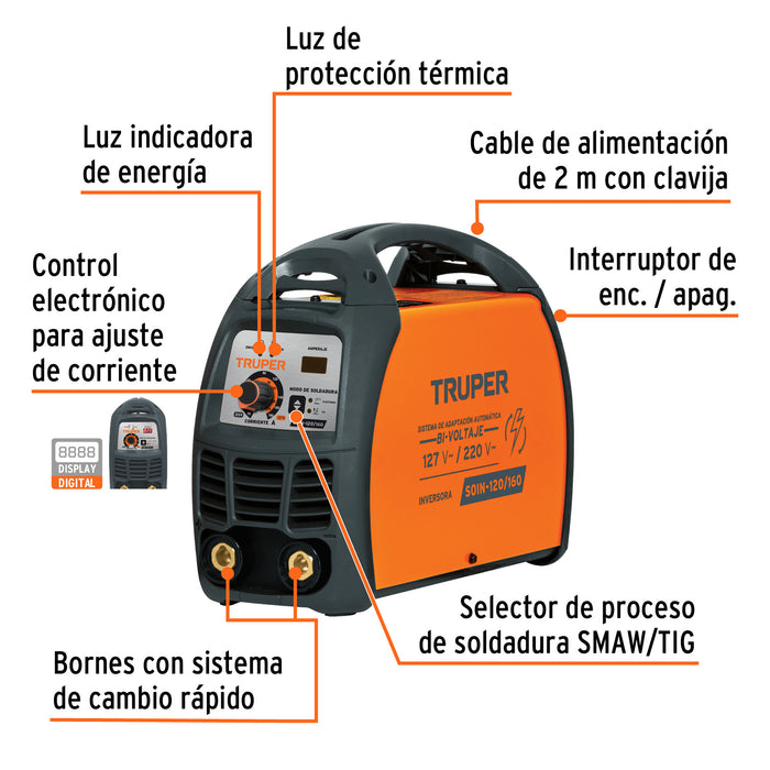 Soldadora inversora bi-voltaje 160 A, 127 V/220 V, Truper Código: 13695