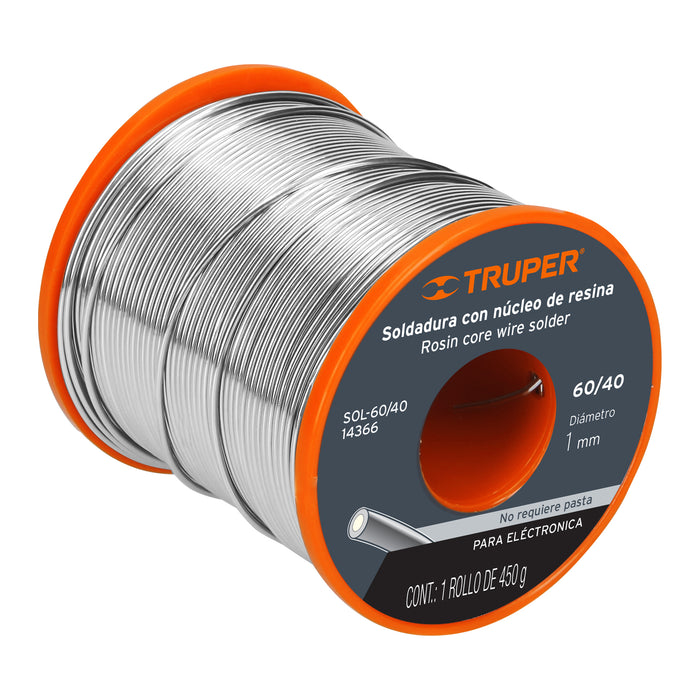 Soldadura con núcleo resina 60/40, para electrónica, 450 g Código: 14366