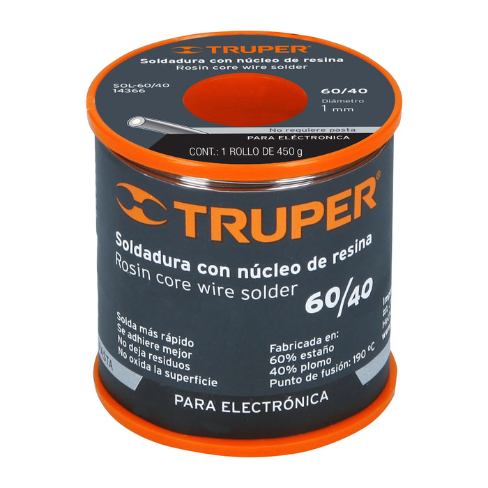 Soldadura con núcleo resina 60/40, para electrónica, 450 g Código: 14366