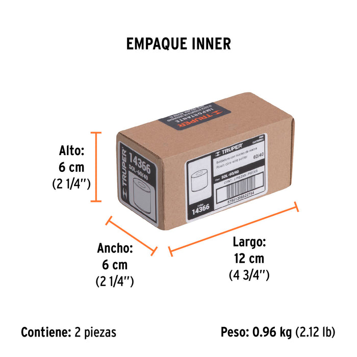 Soldadura con núcleo resina 60/40, para electrónica, 450 g Código: 14366