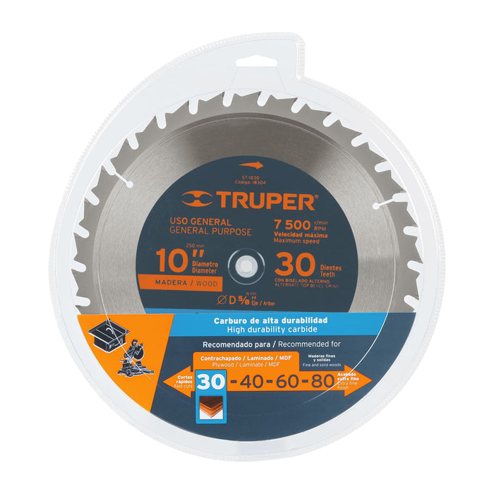 Disco sierra 10' para madera, 30 dientes centro 5/8', Truper 18304 ST-1030