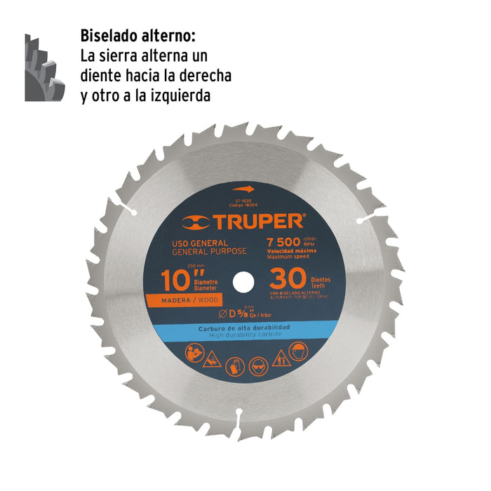 Disco sierra 10' para madera, 30 dientes centro 5/8', Truper 18304 ST-1030