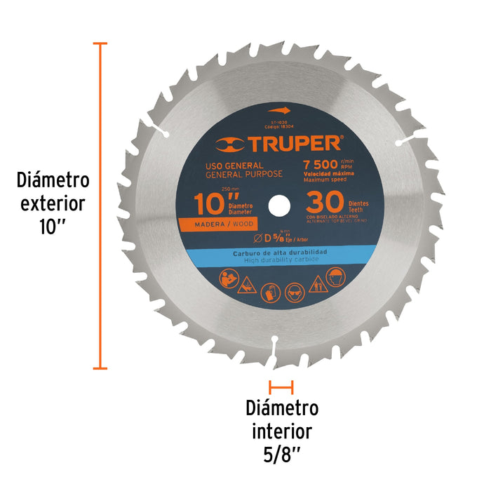 Disco sierra 10' para madera, 30 dientes centro 5/8', Truper 18304 ST-1030