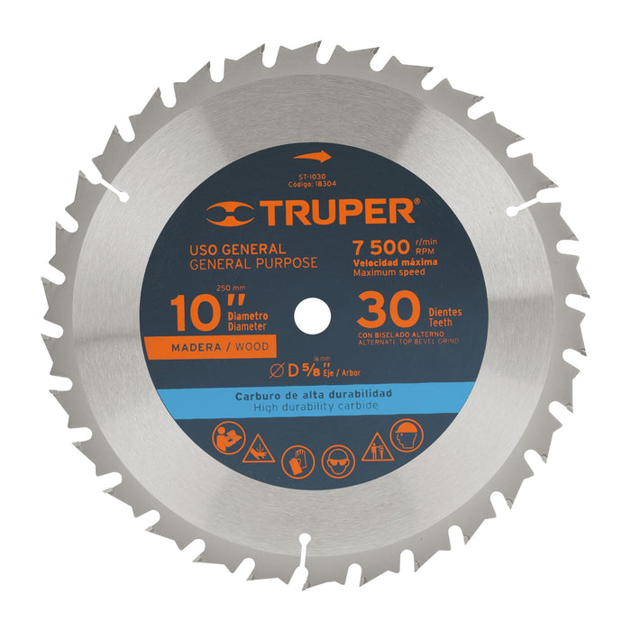 Disco sierra 10' para madera, 30 dientes centro 5/8', Truper 18304 ST-1030