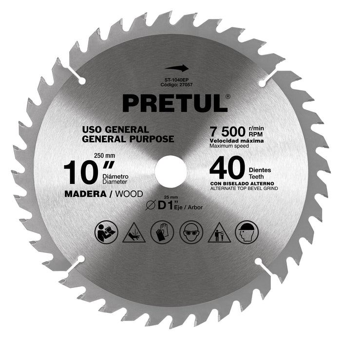 Disco sierra 10' para madera, 40 dientes centro 1', Pretul 27057 ST-1040EP