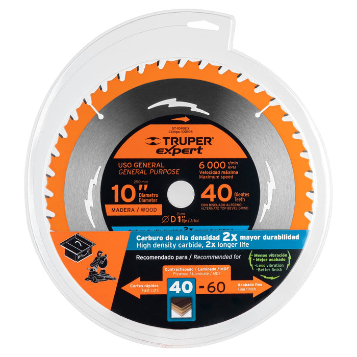 Disco sierra 10' para madera, 40 dientes centro 5/8', Truper 18305 ST-1040