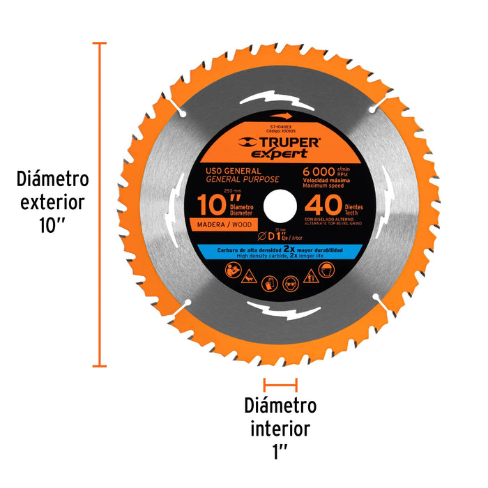 Disco sierra 10' para madera, 40 dientes centro 5/8', Truper 18305 ST-1040