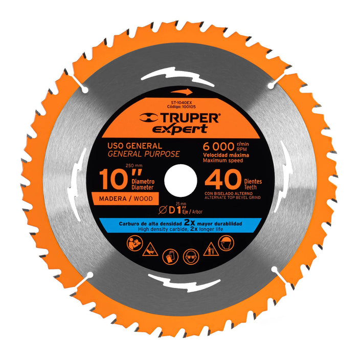 Disco sierra 10' para madera, 40 dientes centro 1', Truper 18307 ST-1040E