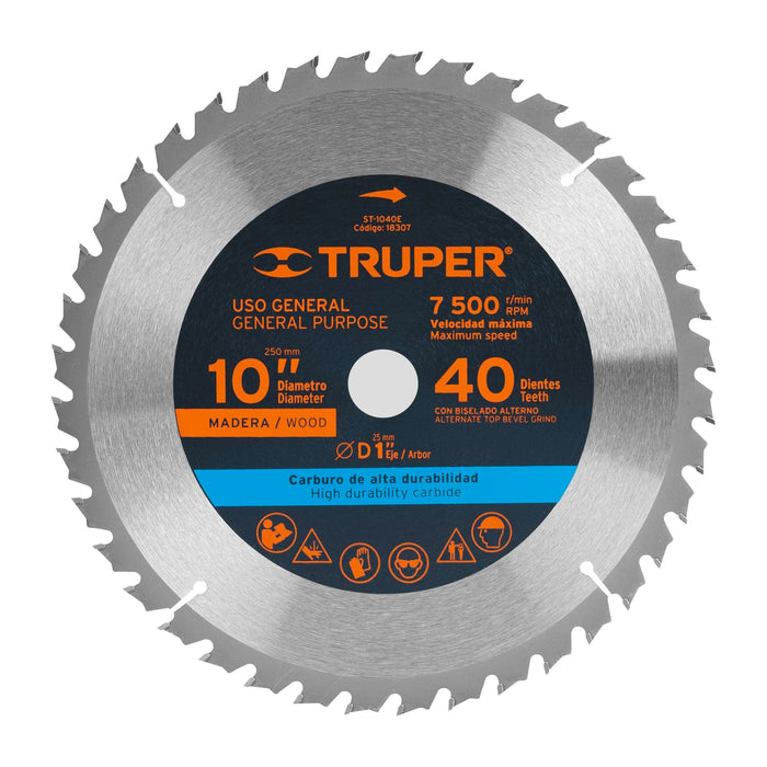 Disco sierra 10' para madera, 40 dientes centro 1', Truper 18307 ST-1040E