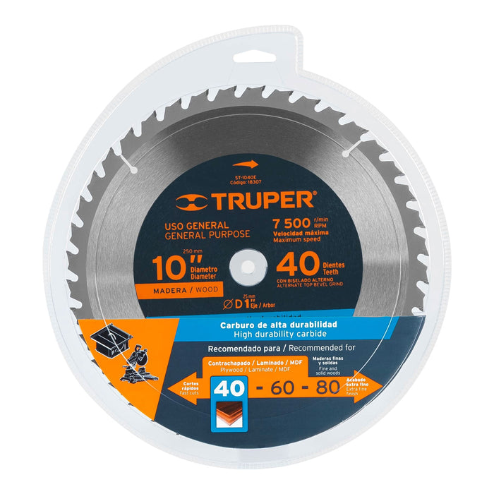 Disco sierra 10' para madera, 40 dientes centro 5/8', Truper 18305 ST-1040