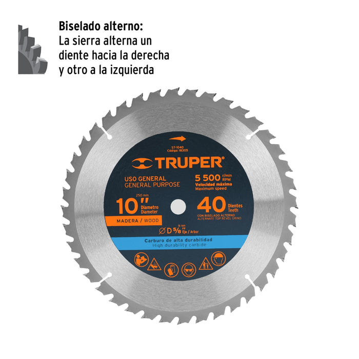 Disco sierra 10' para madera, 40 dientes centro 5/8', Truper 18305 ST-1040