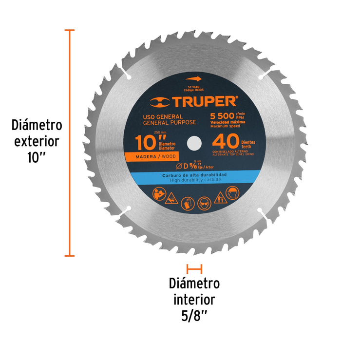Disco sierra 10' para madera, 40 dientes centro 5/8', Truper 18305 ST-1040