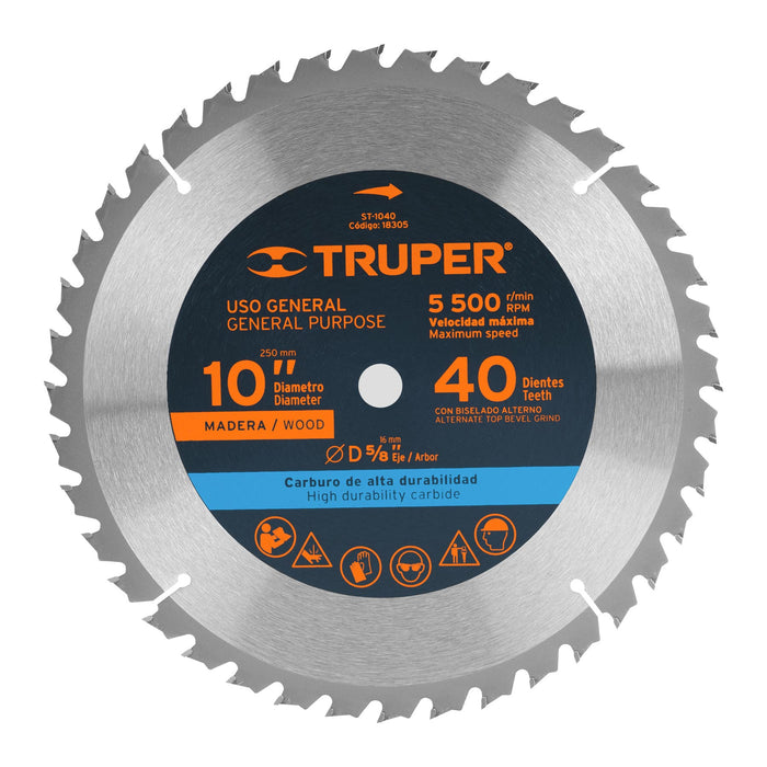 Disco sierra 10' para madera, 40 dientes centro 5/8', Truper 18305 ST-1040