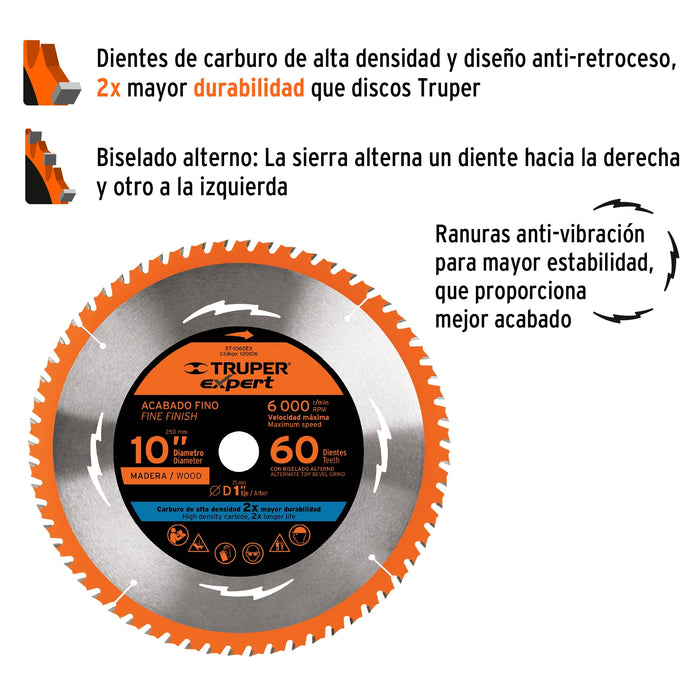 Disco sierra 10' para madera, 60 dientes centro 1', Truper 18308 ST-1060E