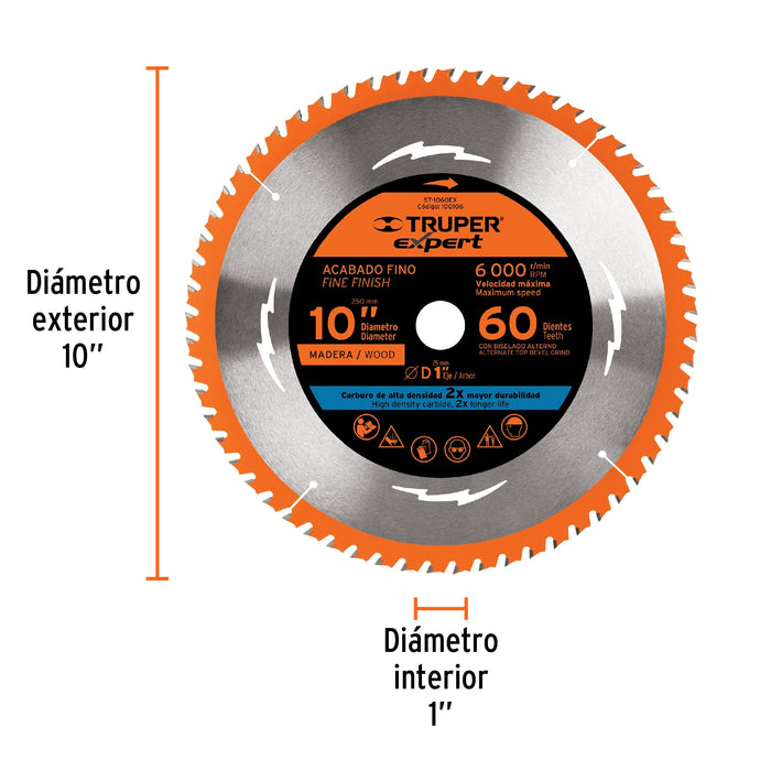 Disco sierra 10' para madera, 60 dientes centro 5/8', Truper 18306 ST-1060