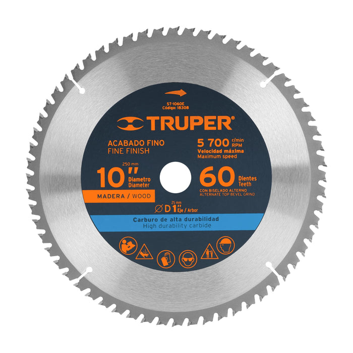 Disco sierra 10' para madera, 60 dientes centro 1', Truper 18308 ST-1060E