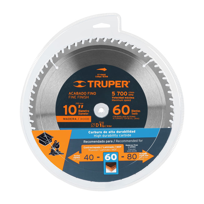 Disco sierra 10' para madera, 60 dientes centro 1', Truper 18308 ST-1060E