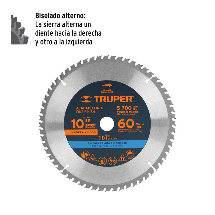 Disco sierra 10' para madera, 60 dientes centro 1', Truper 18308 ST-1060E