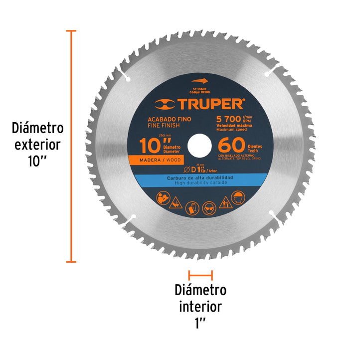 Disco sierra 10' para madera, 60 dientes centro 1', Truper 18308 ST-1060E