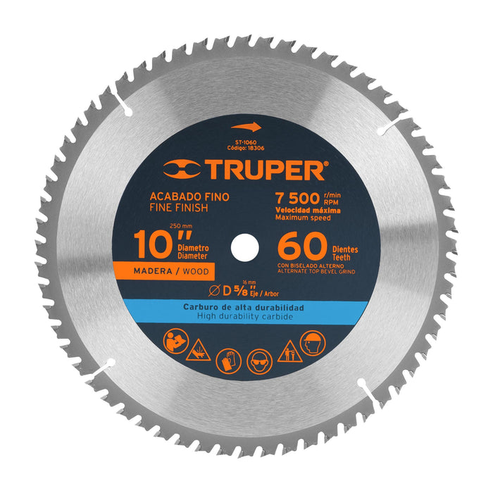 Disco sierra 10' para madera, 60 dientes centro 5/8', Truper 18306 ST-1060