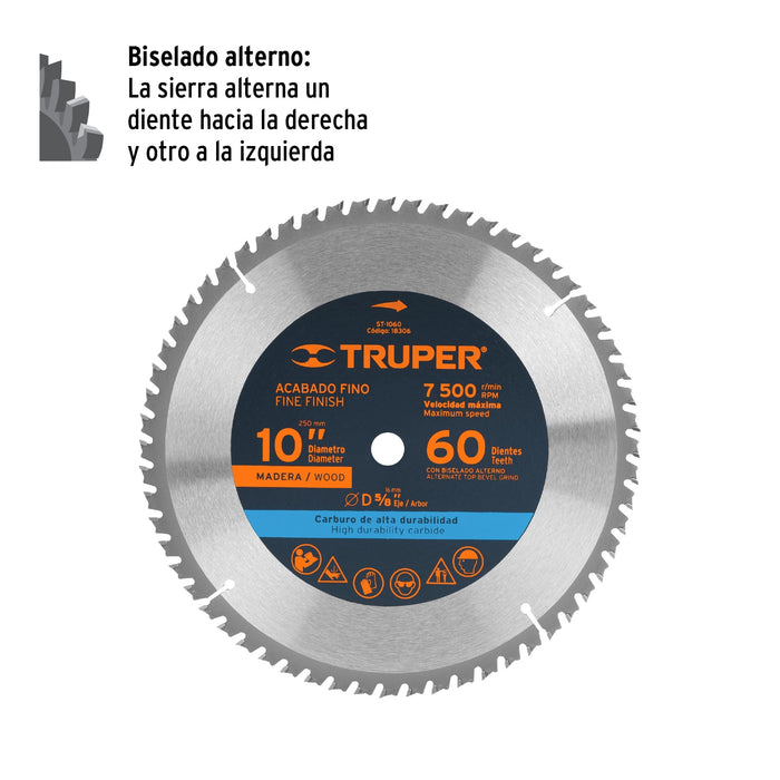 Disco sierra 10' para madera, 60 dientes centro 5/8', Truper 18306 ST-1060